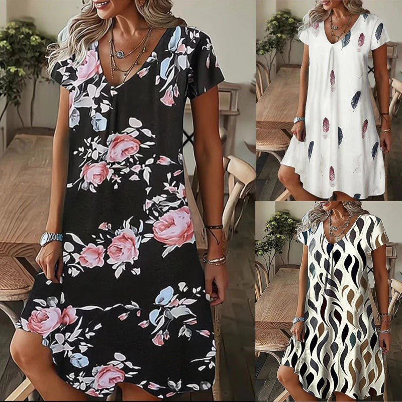 Women's midi dress – Fluid cut – V-neck – Short sleeves – Abstract pattern