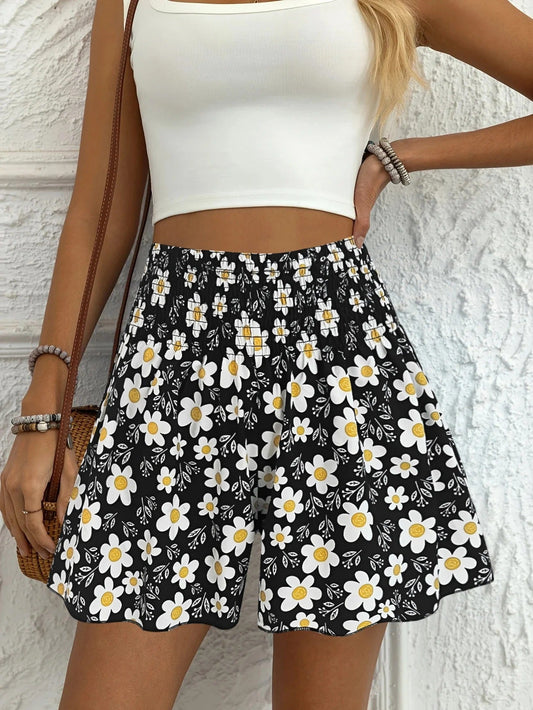 Women's shorts – Relaxed fit – Lightweight cotton – Elastic waist – Floral print