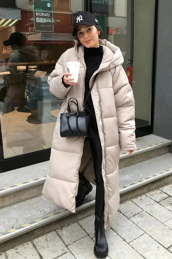 Women's Winter Jacket - Quilted Textured - Oversized Cut - Hooded - Ankle Length