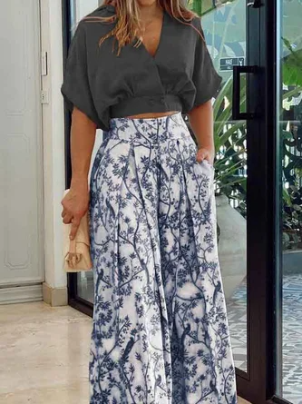 Women’s Two-Piece Set – Batwing Top & High-Waist Wide-Leg Pants