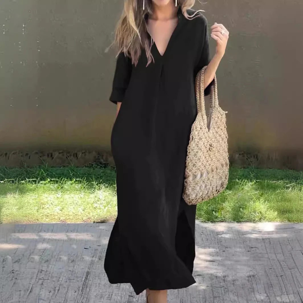 Women's long dress – Loose fit – Lightweight cotton – V-neck – Mid-length sleeves