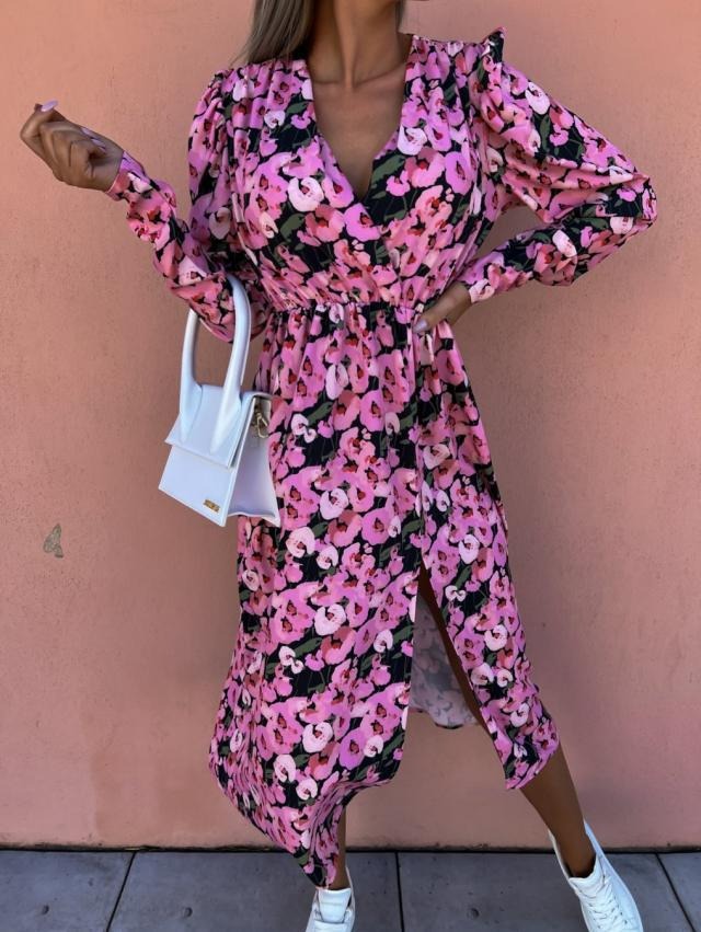 Women's long dress – Fitted cut – Stand-up collar – Long sleeves – Floral print