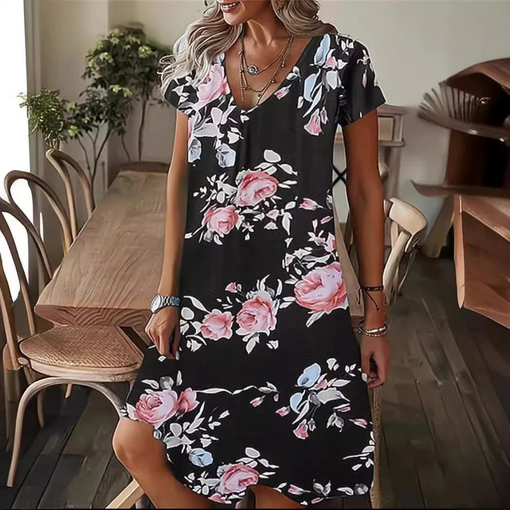 Women's midi dress – Fluid cut – V-neck – Short sleeves – Abstract pattern
