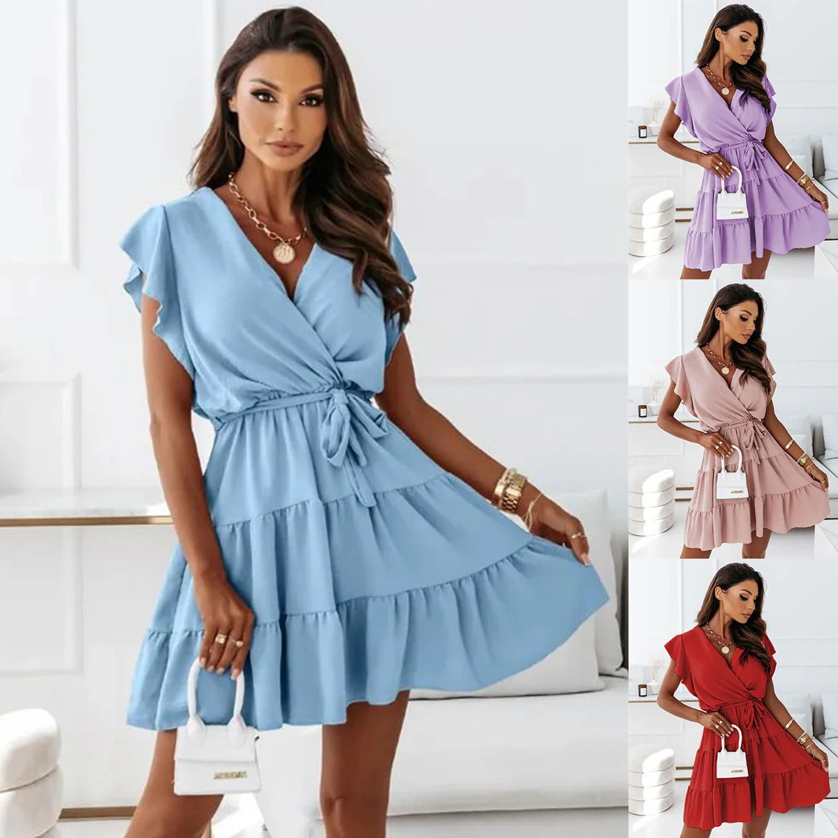 Robe portefeuille femme – Encolure en V fluide – Manches courtes – Taille nouée – Ourlet à volants