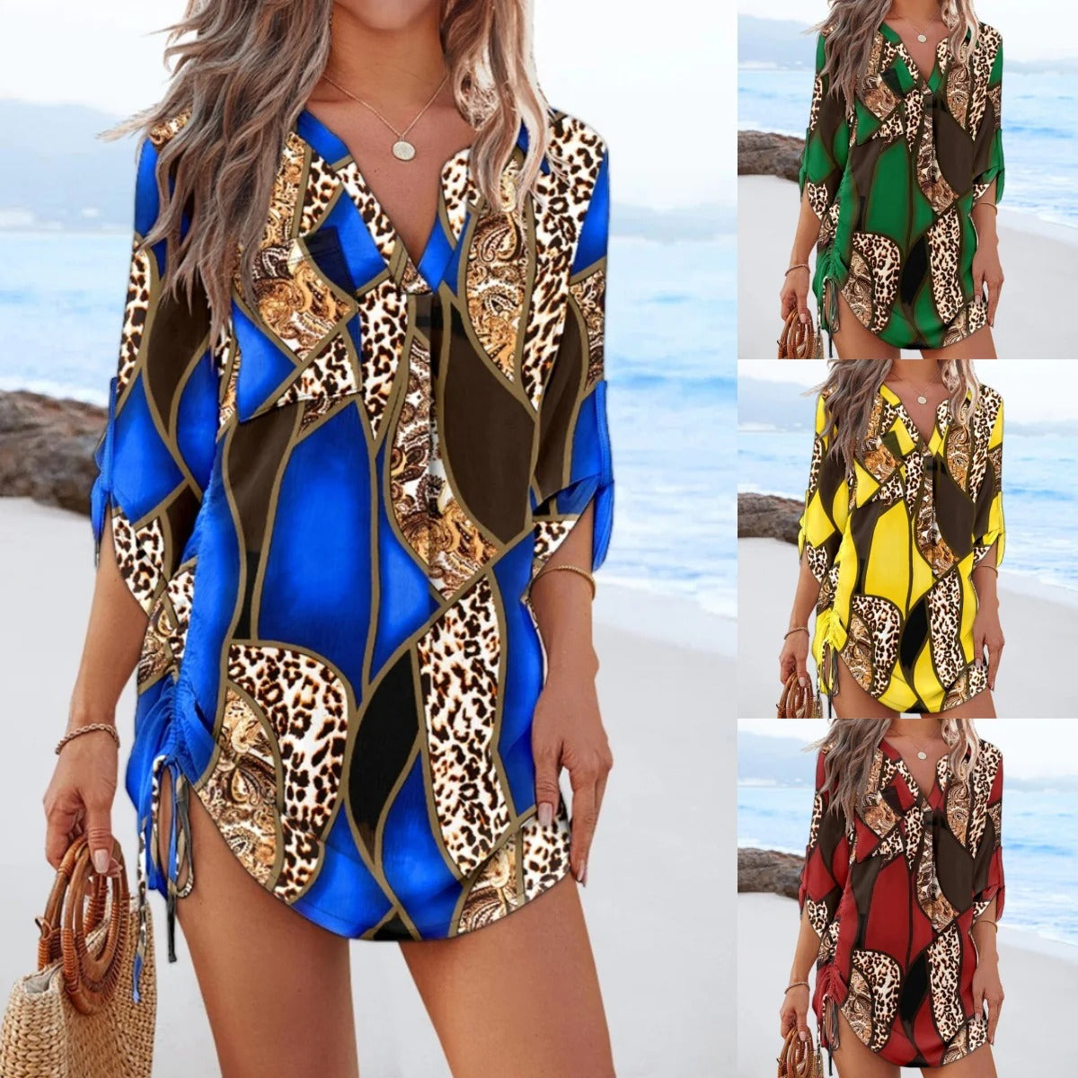 Women's beach dress – Flowy cut – V-neck – 3/4 sleeves – Ruched sides
