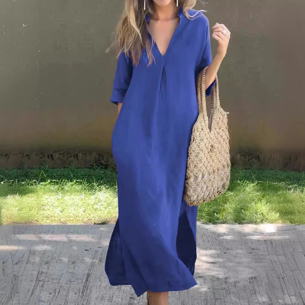 Women's long dress – Loose fit – Lightweight cotton – V-neck – Mid-length sleeves