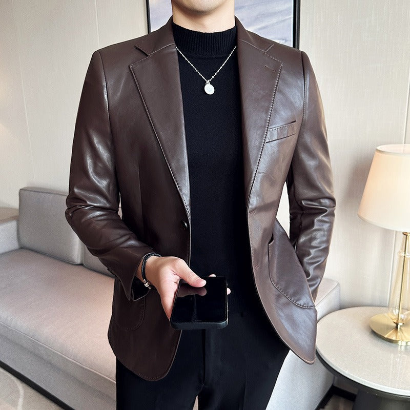 Blazer homme – Coupe ajustée – Effet cuir – Revers cranté – Fermeture un bouton