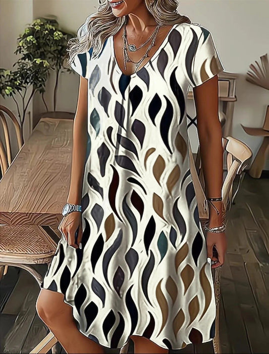 Women's midi dress – Fluid cut – V-neck – Short sleeves – Abstract pattern