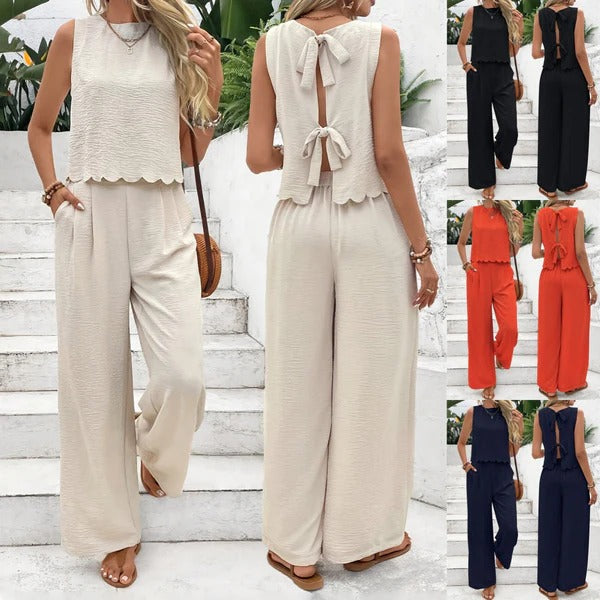 Women's two-piece set – Textured fabric – Cropped tie-back top – Wide-leg pants