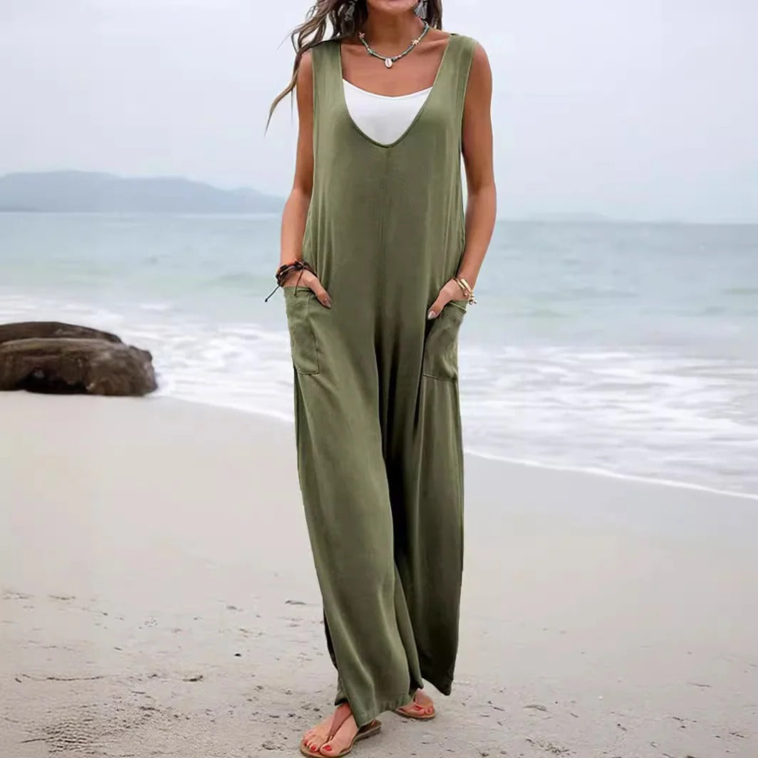 Women's jumpsuit – Lightweight cotton – Relaxed fit – Sleeveless – V-neck – Large pockets