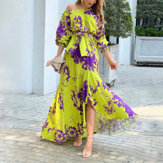 Women's long dress – Flowing cut – Puff sleeves – Asymmetric hem – Adjustable belt