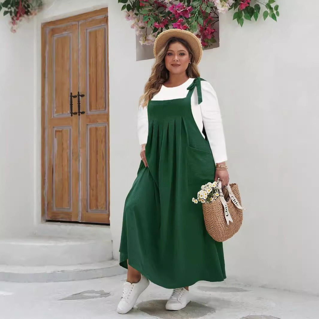 Women's long dress – Loose fit – Cotton – Sleeveless – Adjustable straps – Pockets
