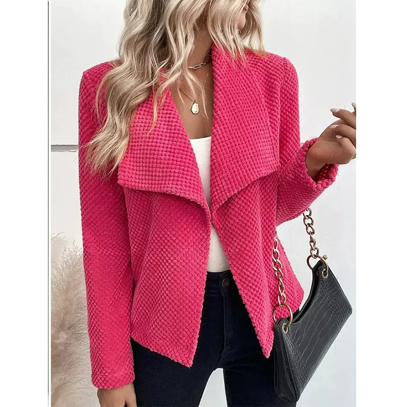 Women's Blazer Jacket – Textured Knit – Relaxed Fit – Wide Collar – Long Sleeves