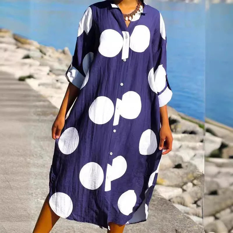 Robe chemise femme – Coupe oversize – Coton léger – Imprimé à pois – Longueur midi