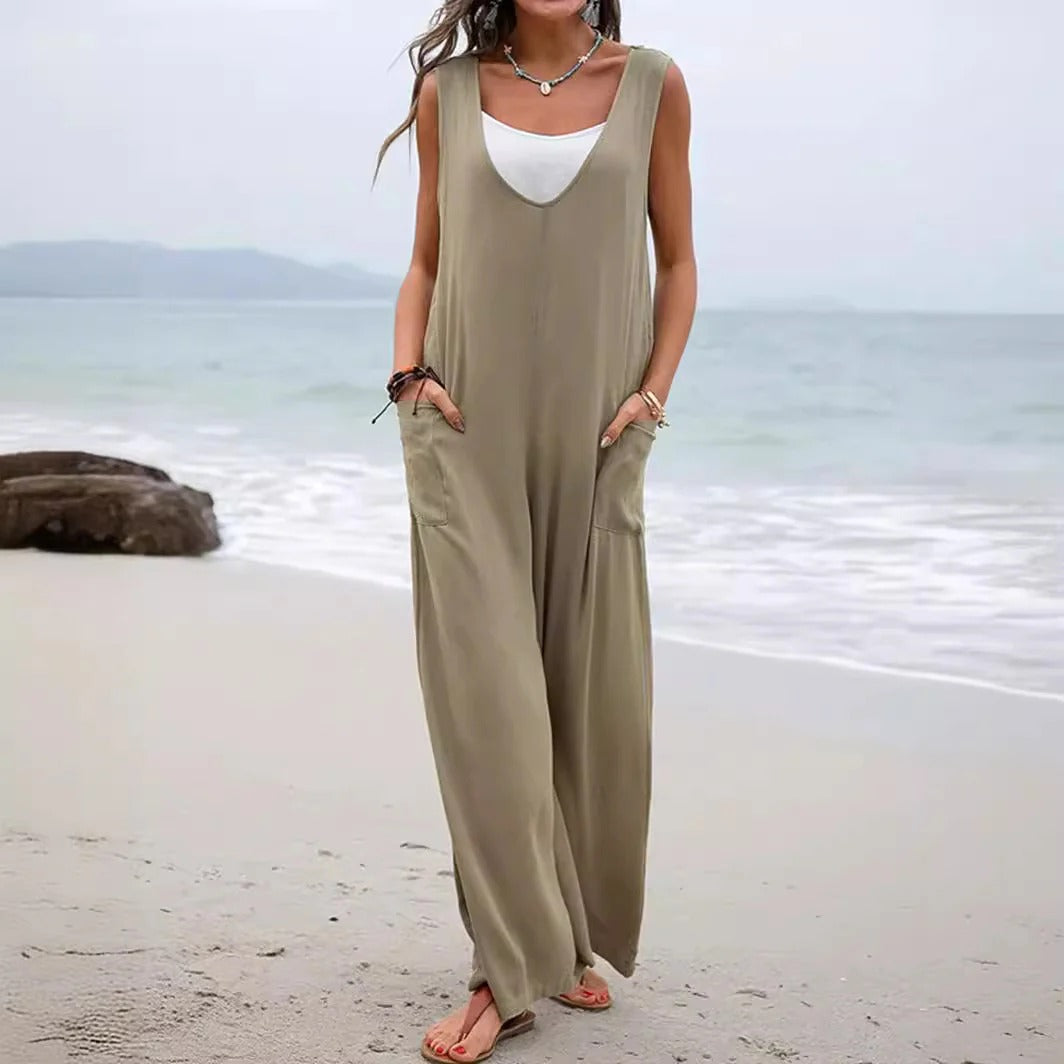 Women's jumpsuit – Lightweight cotton – Relaxed fit – Sleeveless – V-neck – Large pockets