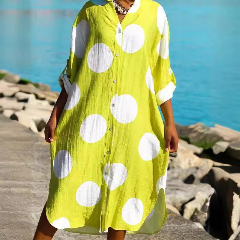 Robe chemise femme – Coupe oversize – Coton léger – Imprimé à pois – Longueur midi