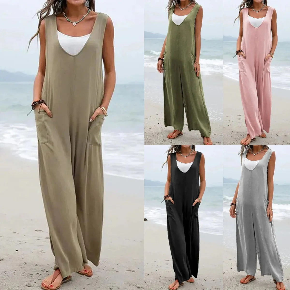 Women's jumpsuit – Lightweight cotton – Relaxed fit – Sleeveless – V-neck – Large pockets