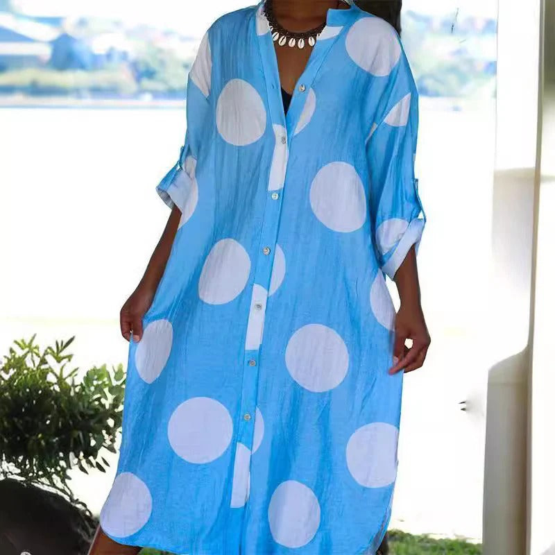 Robe chemise femme – Coupe oversize – Coton léger – Imprimé à pois – Longueur midi