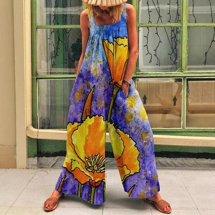 Women's overalls – Artistic print – Loose fit – Breathable fabric – Without sleeves