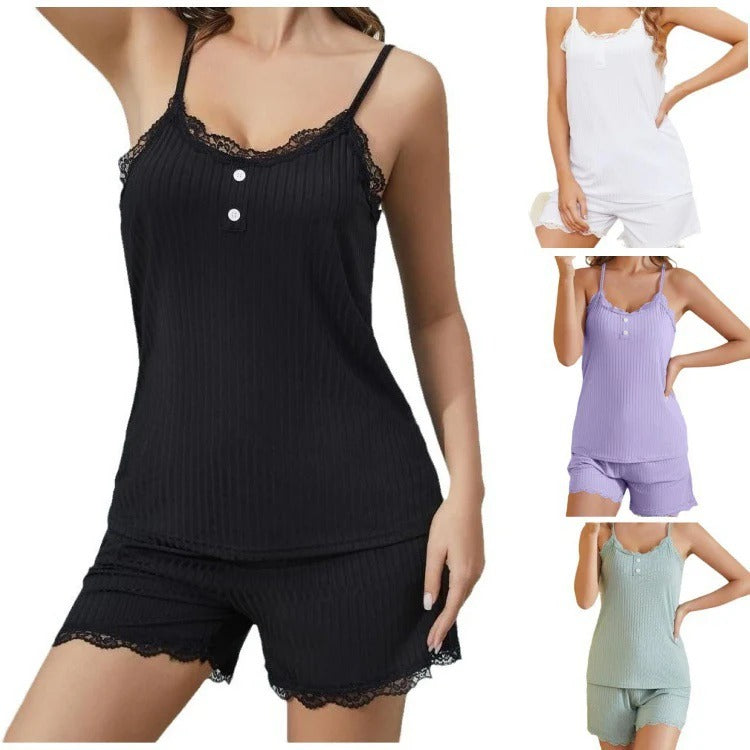 Women's Pajamas – Ribbed fabric – Adjustable straps – Lace – Relaxed fit