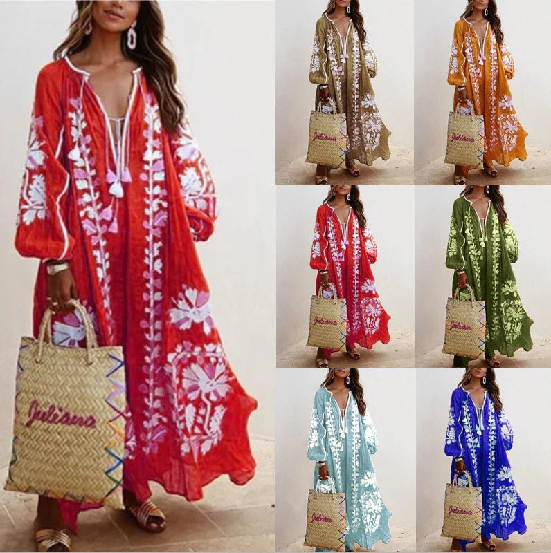 Robe caftan femme – Coupe ample fluide – Coton léger – Broderie florale élégante