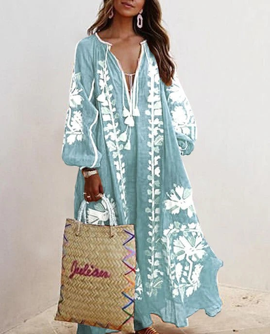 Robe caftan femme – Coupe ample fluide – Coton léger – Broderie florale élégante