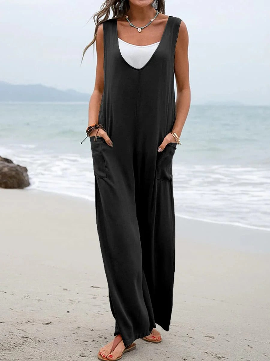 Women's jumpsuit – Lightweight cotton – Relaxed fit – Sleeveless – V-neck – Large pockets
