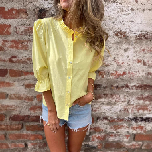 Women's blouse – Relaxed fit – Ruffled collar – 3/4 sleeves – Lightweight cotton fabric
