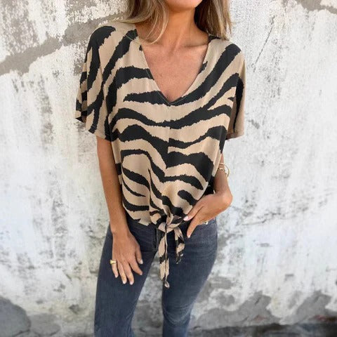 Women's blouse – Loose fit – V-neckline – Tie front – Short sleeves – Lightweight fabric