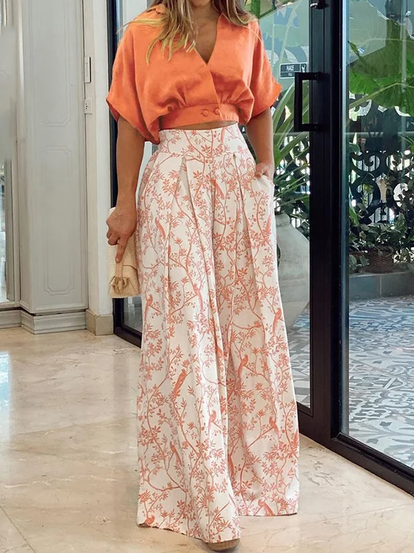 Women’s Two-Piece Set – Batwing Top & High-Waist Wide-Leg Pants