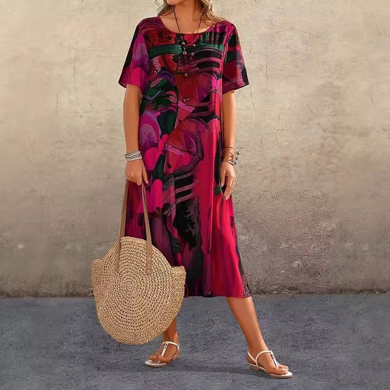 Women's dress – Relaxed fit – Abstract print – Short sleeves – Round neck