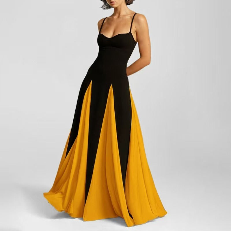 Robe swing femme – Bretelles fines – Longue fluide – Pan coupé contrasté