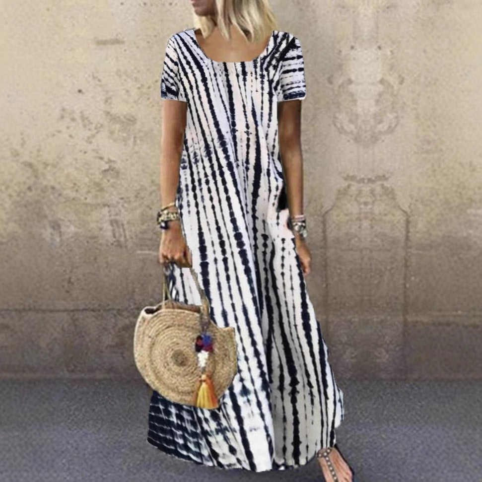 Women's long dress – Loose fit – Tie-dye print – Short sleeves