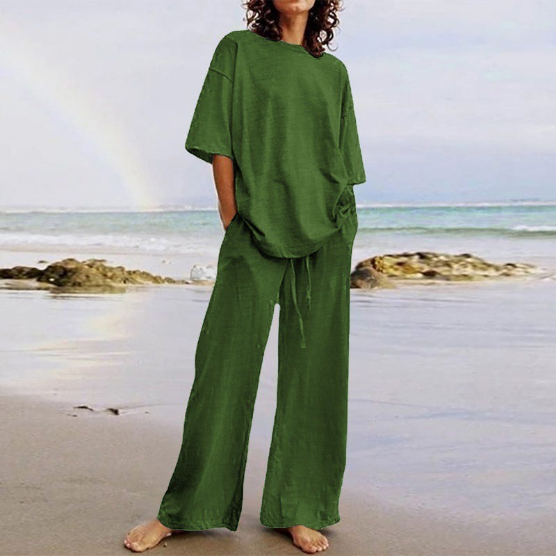 Ensemble Deux Pièces Femme – Haut Ample Col Rond – Pantalon Large avec Poches