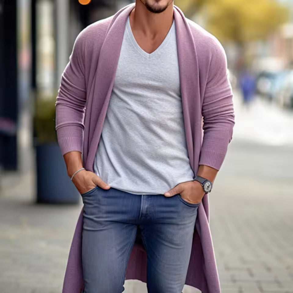 Cardigan long homme – Coupe ample – Maille légère – Ouverture sans fermeture