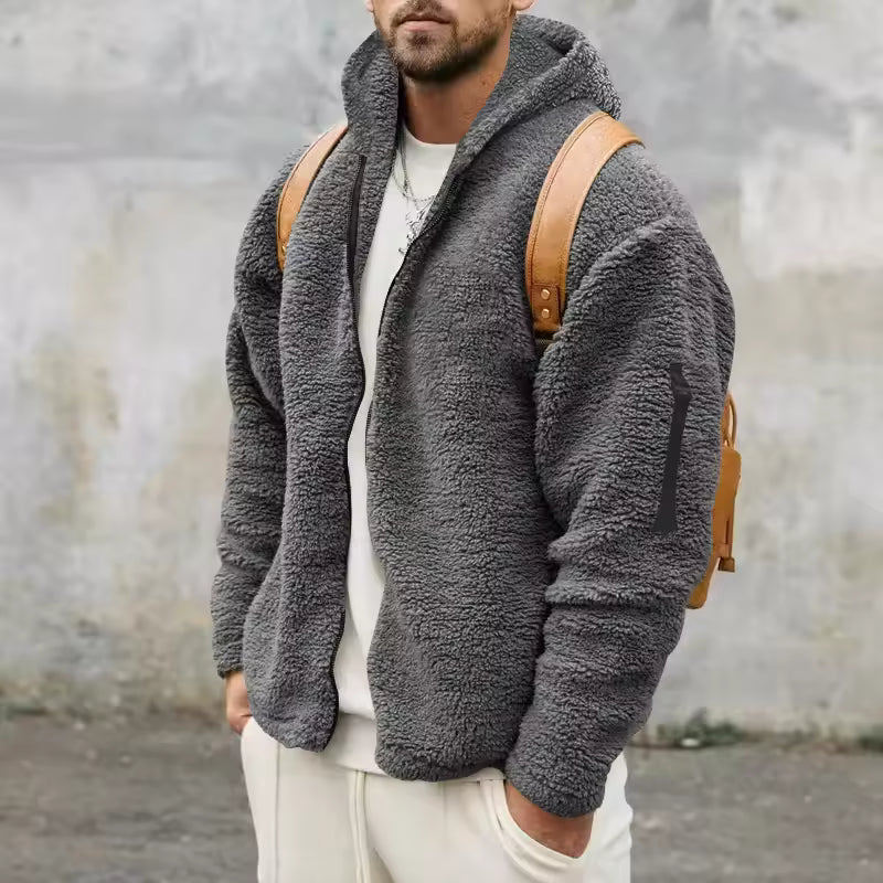 Men's coat in polar fleece – Oversized cut – Hood – Zip closure – Sleeve pocket