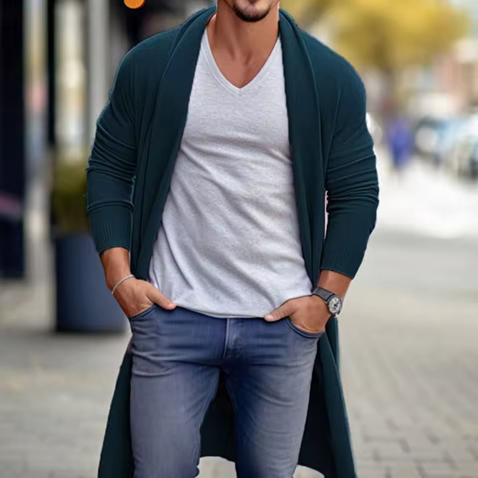 Cardigan long homme – Coupe ample – Maille légère – Ouverture sans fermeture