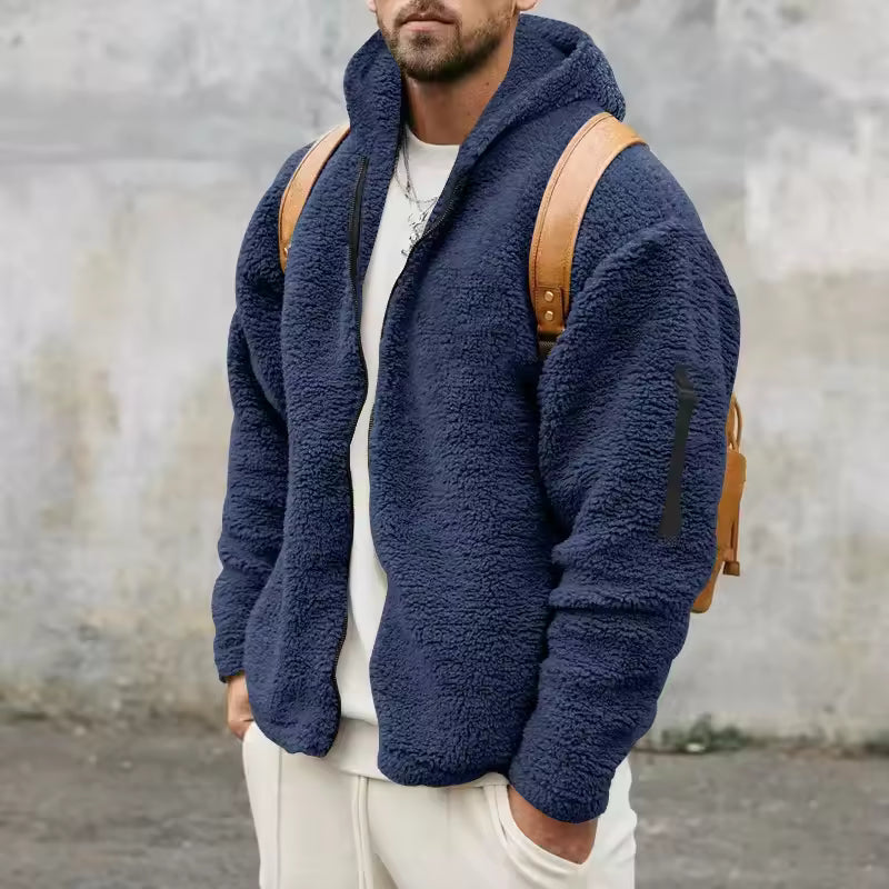 Men's coat in polar fleece – Oversized cut – Hood – Zip closure – Sleeve pocket