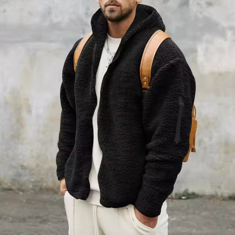 Men's coat in polar fleece – Oversized cut – Hood – Zip closure – Sleeve pocket