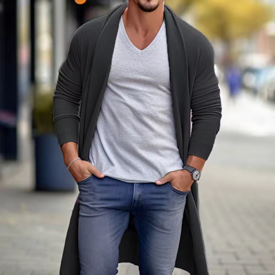 Cardigan long homme – Coupe ample – Maille légère – Ouverture sans fermeture
