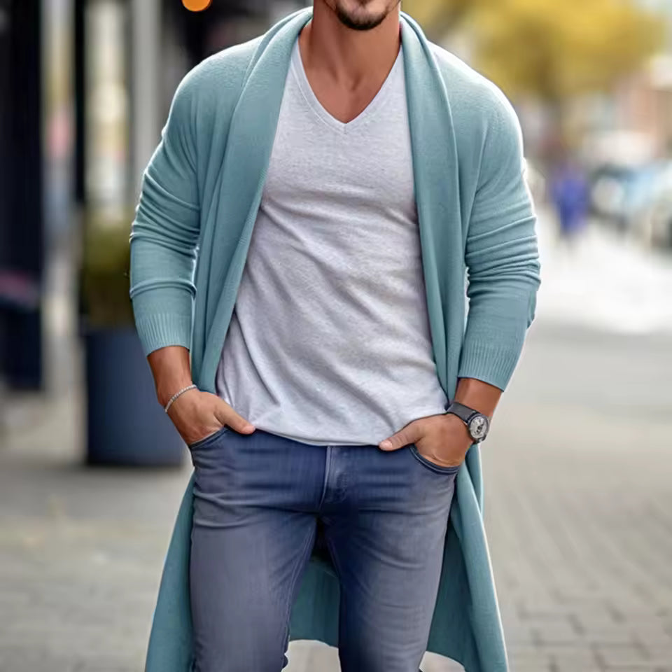 Cardigan long homme – Coupe ample – Maille légère – Ouverture sans fermeture
