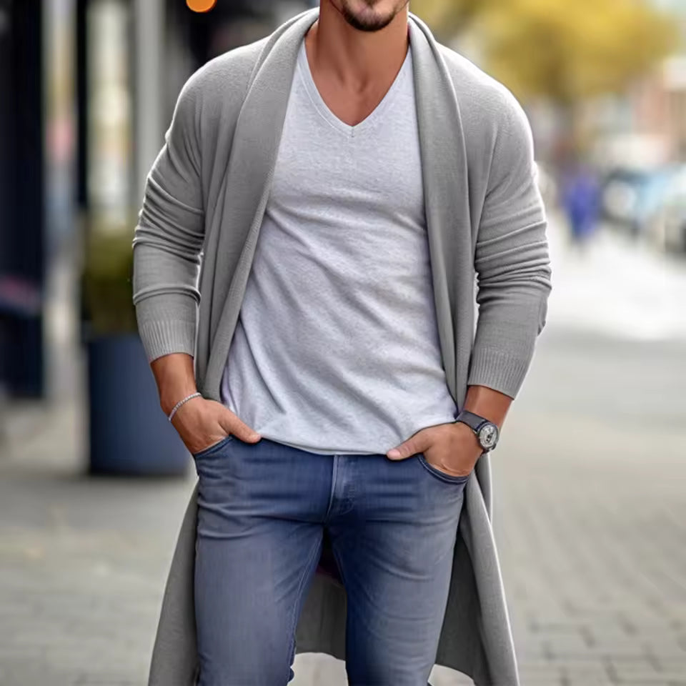 Cardigan long homme – Coupe ample – Maille légère – Ouverture sans fermeture