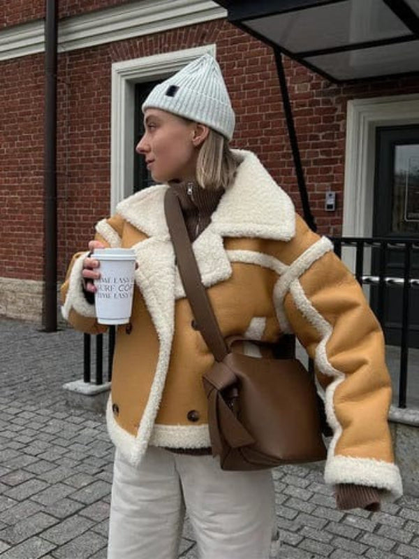 Veste femme ample – Coupe courte – Fausse fourrure – Col large – Style décontracté