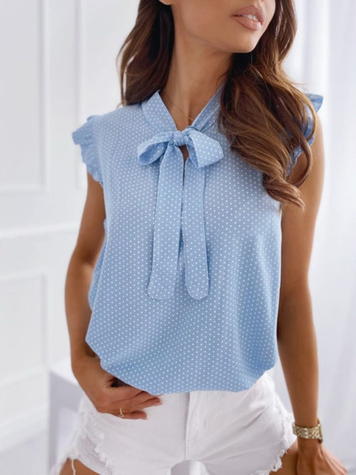 Women's sleeveless blouse – Relaxed fit – Pussy bow – Polka dots – Ruffles