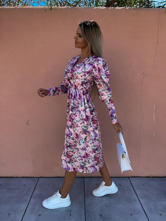 Women's long dress – Fitted cut – Stand-up collar – Long sleeves – Floral print