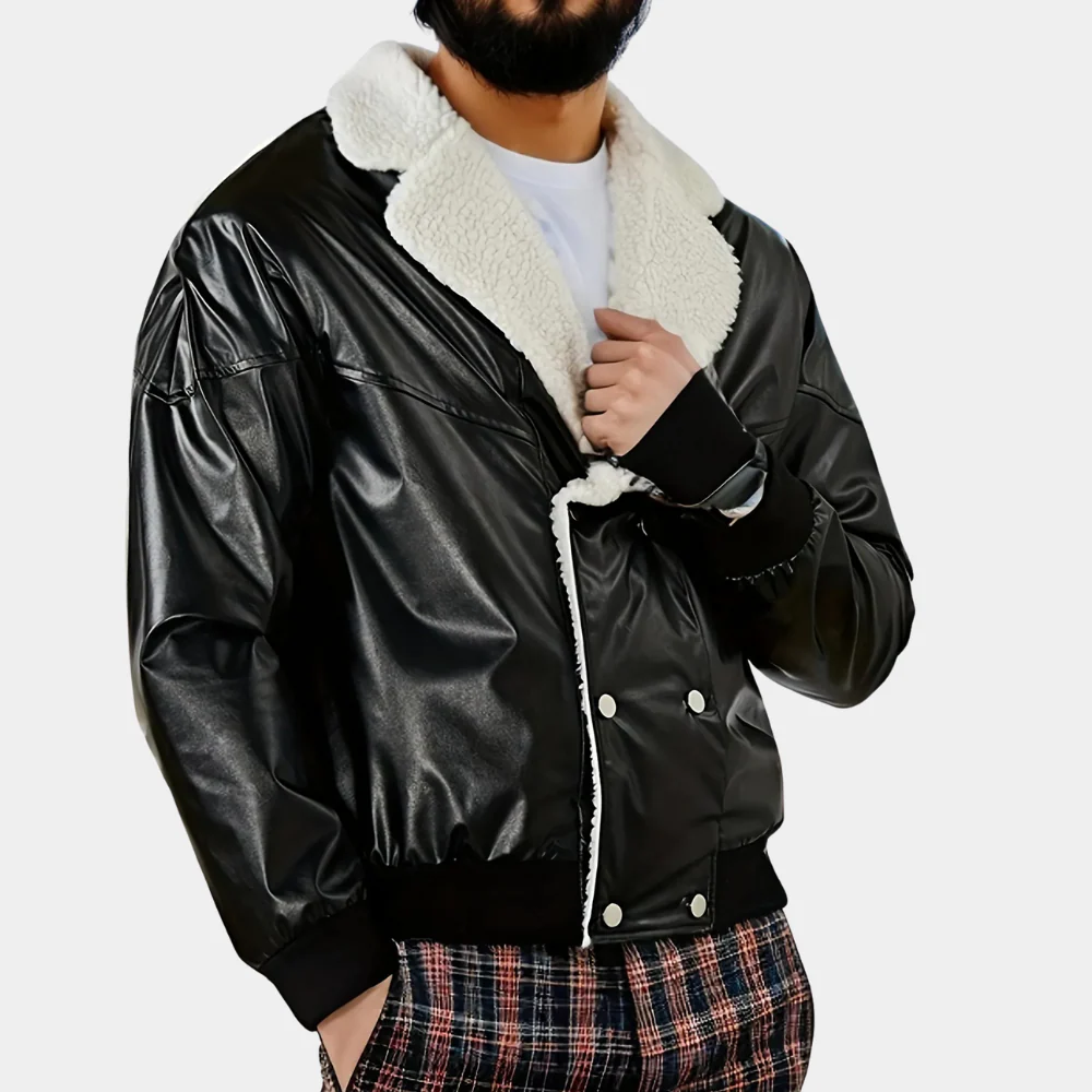 Blouson homme – Coupe décontractée – Finition brillante – Col et doublure en peluche
