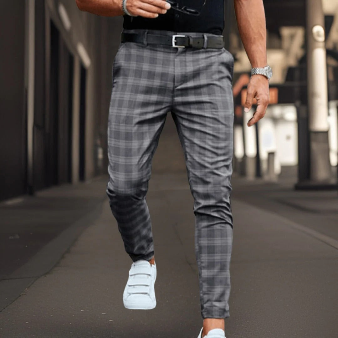 Pantalon chino homme – Coupe slim – Coton mélangé – Motif à carreaux – Longueur entière