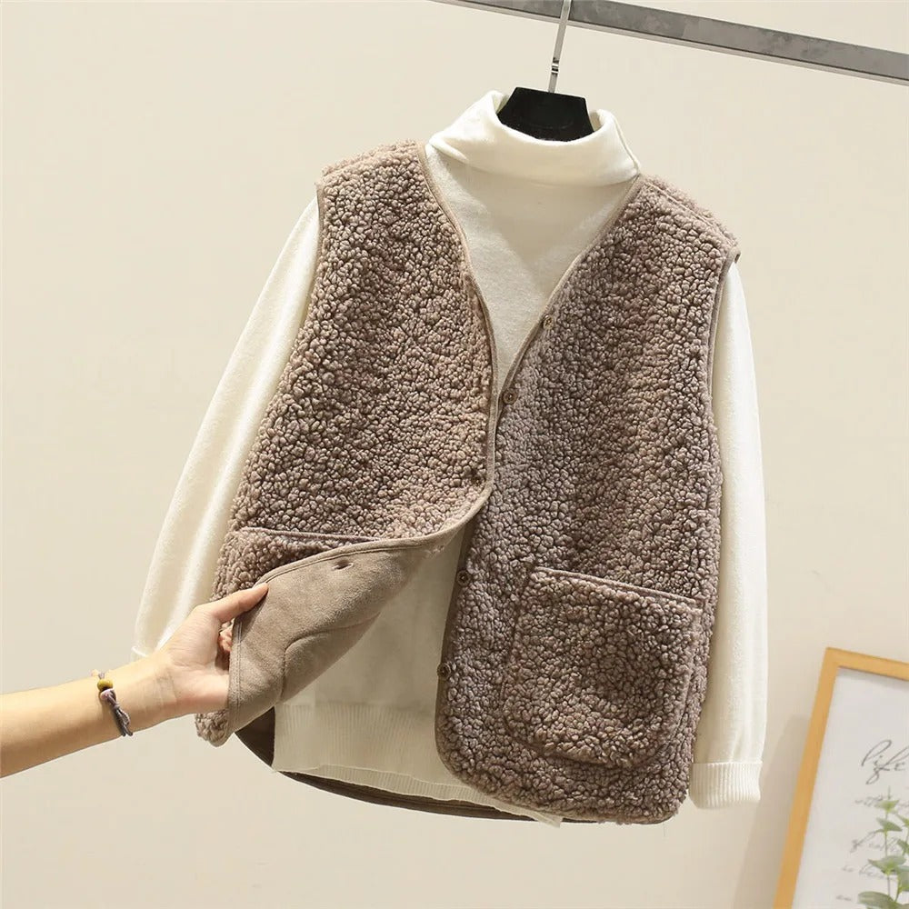 Women's Vest - Sherpa Fleece - V-Neck - Sleeveless - Front Buttons