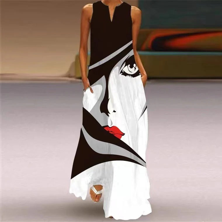 Women's long dress – Relaxed fit – Cotton fabric – V-neck – Pockets – Floral and butterfly print