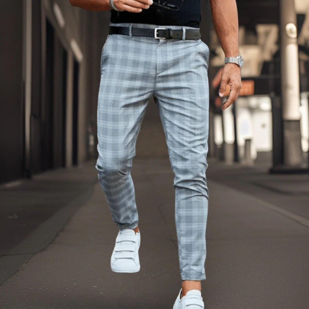 Pantalon chino homme – Coupe slim – Coton mélangé – Motif à carreaux – Longueur entière
